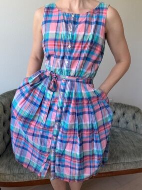 Talbots Pink Blue Madras Plaid Cotton Midi Shirt Dress 4 Small Grandmillennial